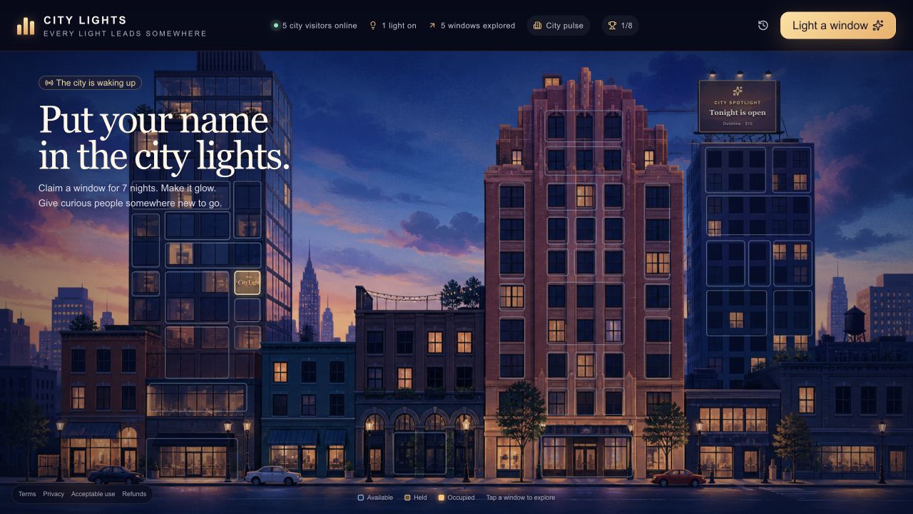 A richly illustrated nighttime skyline with glowing windows