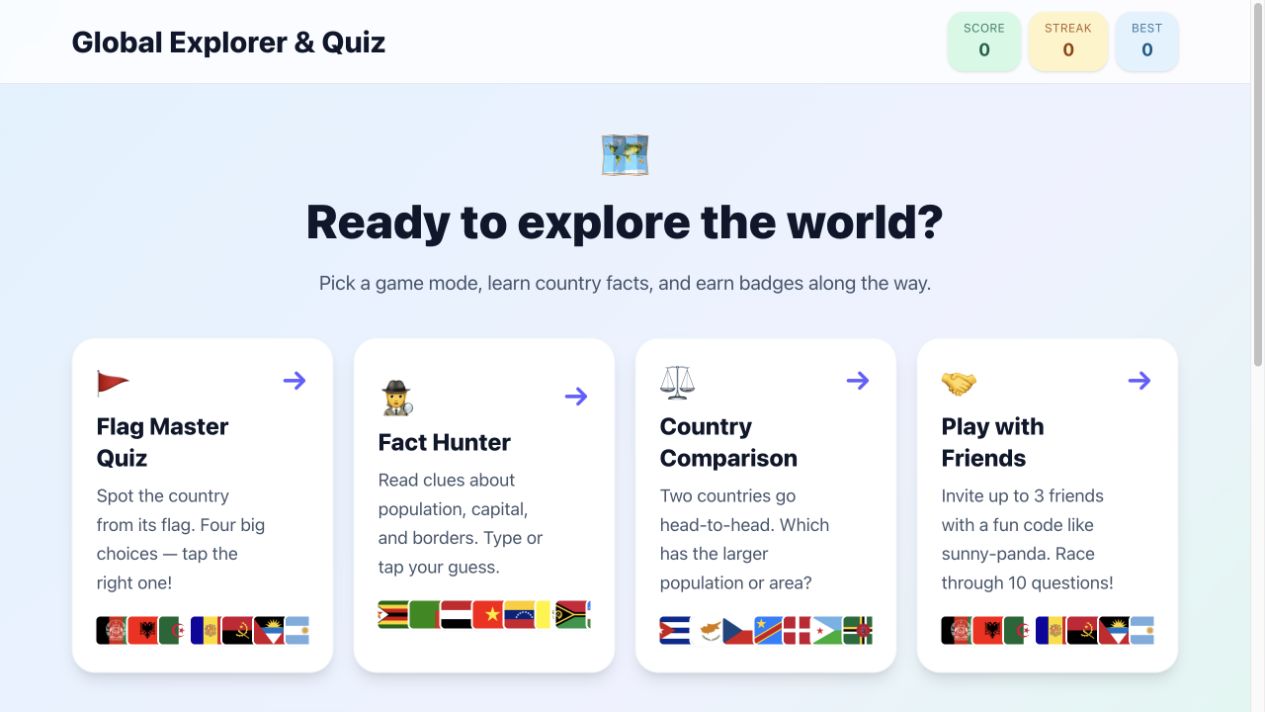 The colorful Global Explorer and Quiz game menu