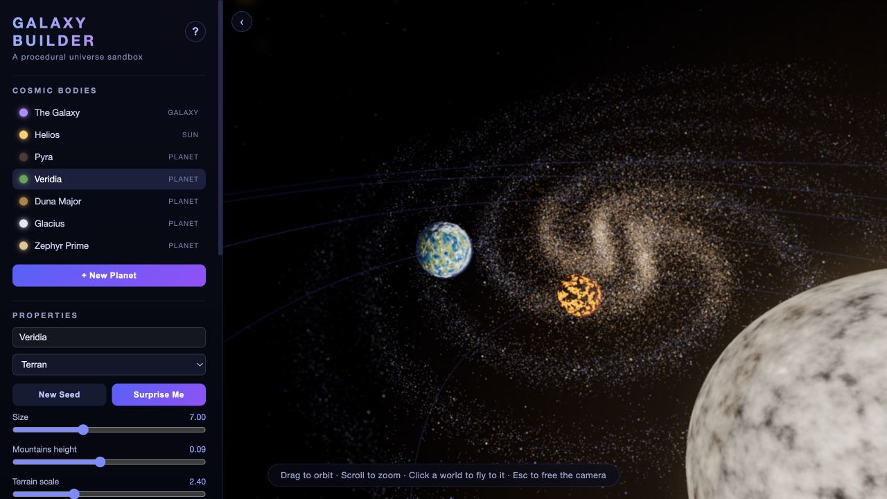 A procedural galaxy with colorful planets and customization controls