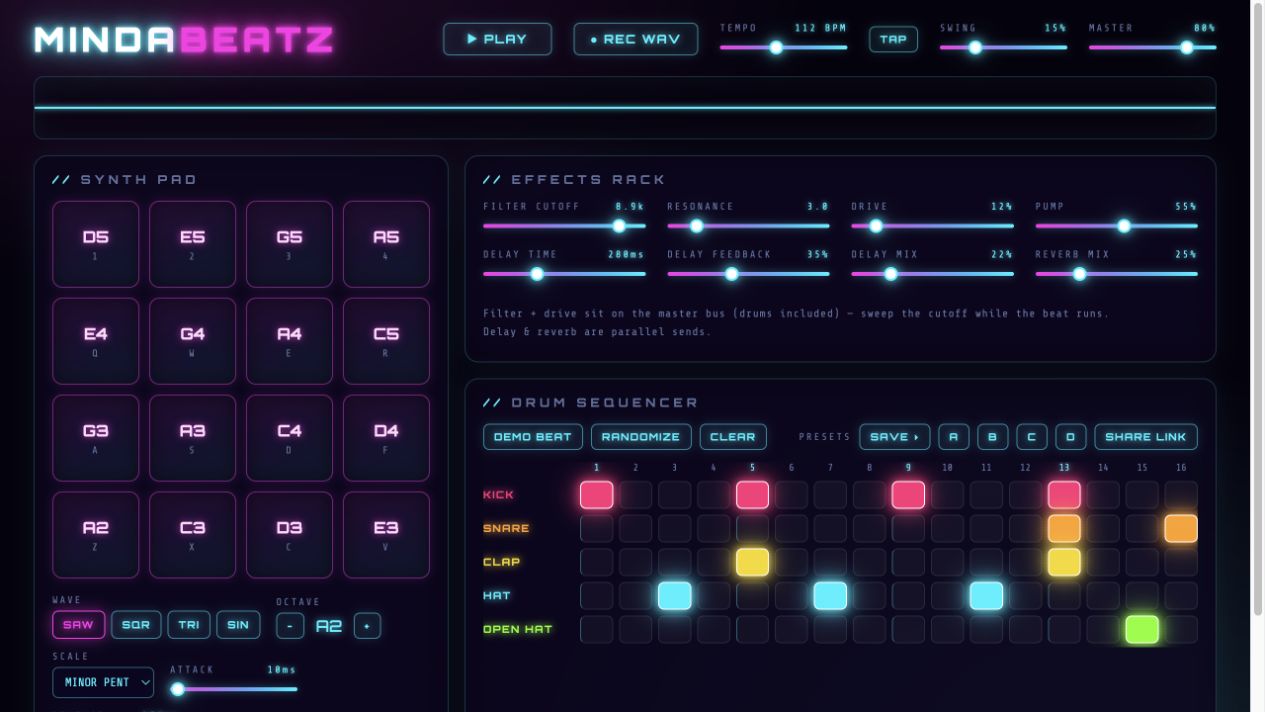 A neon browser synthesizer and drum sequencer